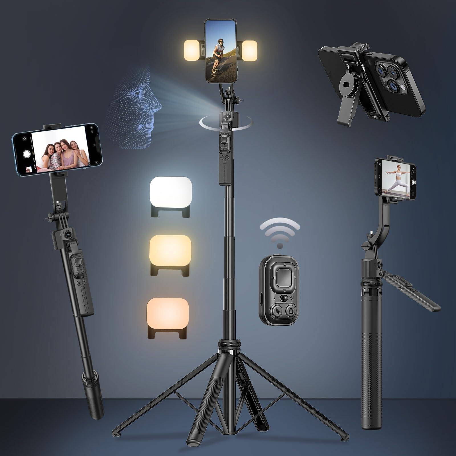 Front. PO3TICJUNKI3 - Auto Face Tracking Selfie Stick Tripod For With Light 360 Rotation 63  Phone Camera Stand Follows Your - B-Auto Face Tracking Tripod with 2 Square Light.