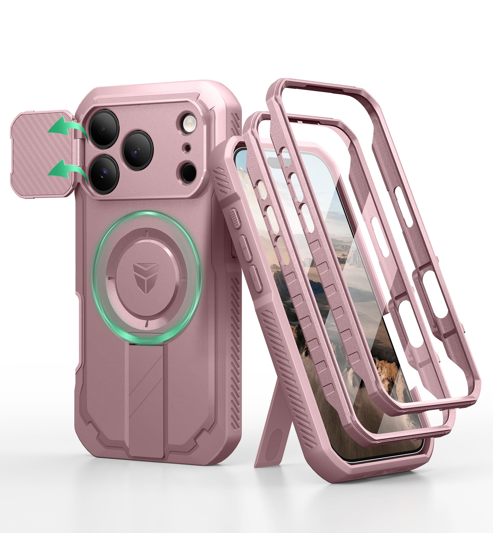 dexnor - iPhone 17 Pro Case: 2 Front Frames, Flip Cam Cover, Kickstand, Mag,Screen Protector, 6.3in - Peony Pink