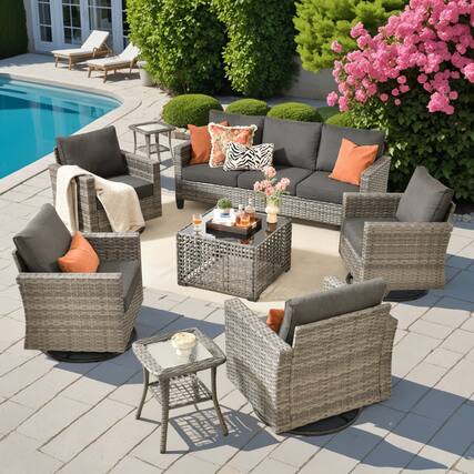 Front. Ovios - 8 PCS Patio Furniture Sofa Set with Swivel Chairs, Coffee Table & Side Table for Porch - Black.