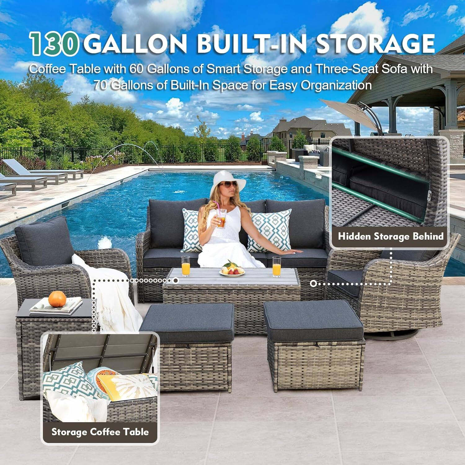 130 GALLON BUILT-IN STORAGE

Coffee Table with 60 Gallons of Smart Storage and Three-Seat Sofa with 70 Gallons of Built-In Space for Easy Organization

Hidden Storage Behind

Storage Coffee Table