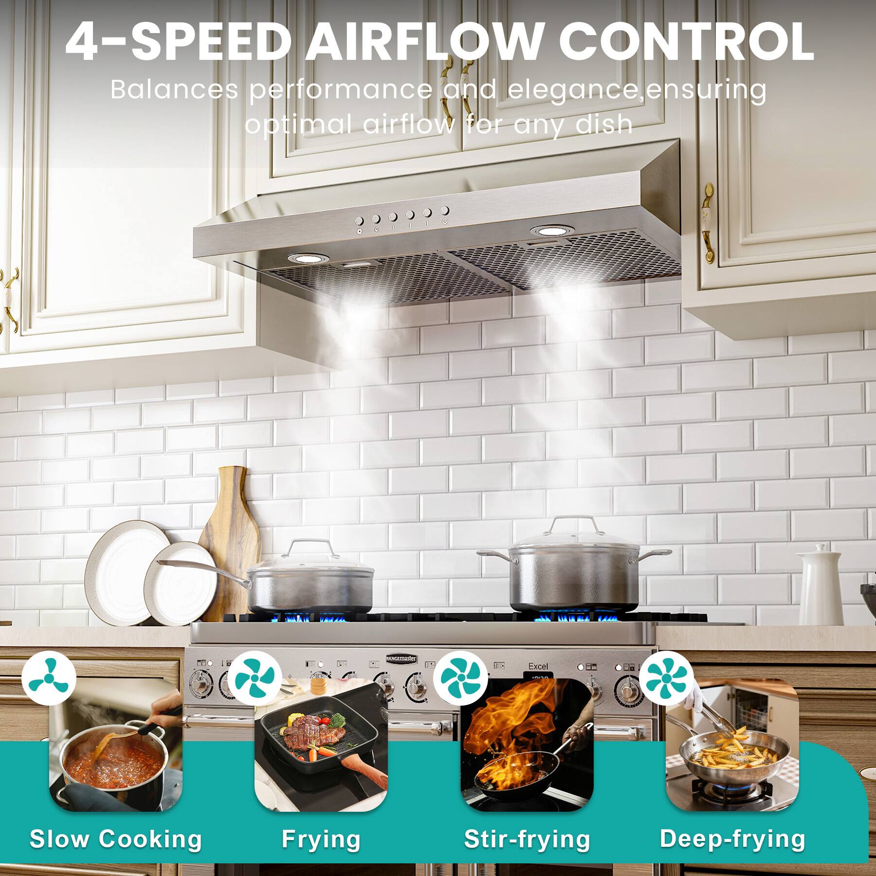 4-SPEED AIRFLOW CONTROL  
Balances performance and elegance, ensuring optimal airflow for any dish  

- Slow Cooking  
- Frying  
- Stir-frying  
- Deep-frying