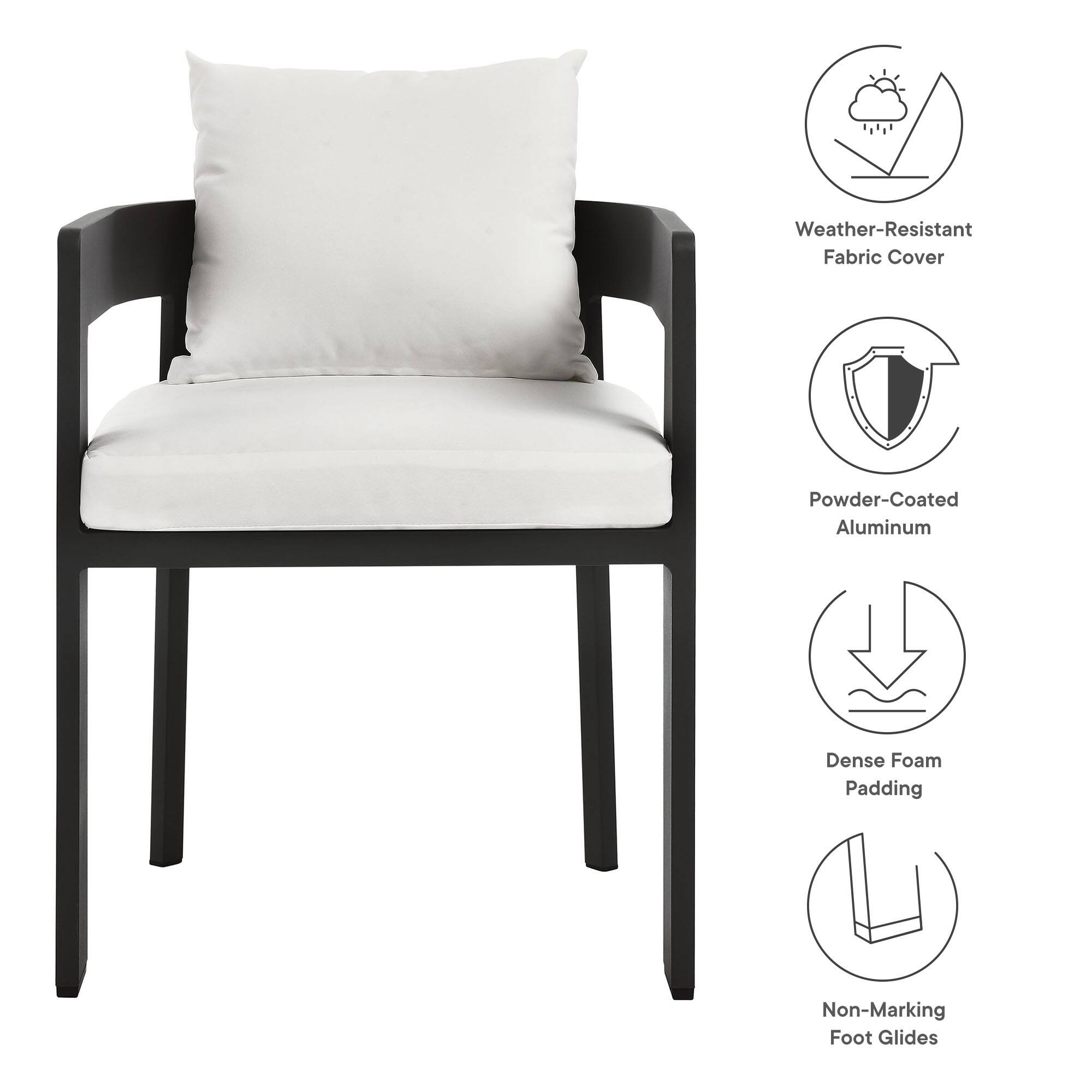 Weather-Resistant Fabric Cover  
Powder-Coated Aluminum  
Dense Foam Padding  
Non-Marking Foot Glides