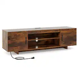 SlickBlue - Modern TV Stand with Power Outlet and 2 Cable Holes for Organized Media Setup - Rustic Brown