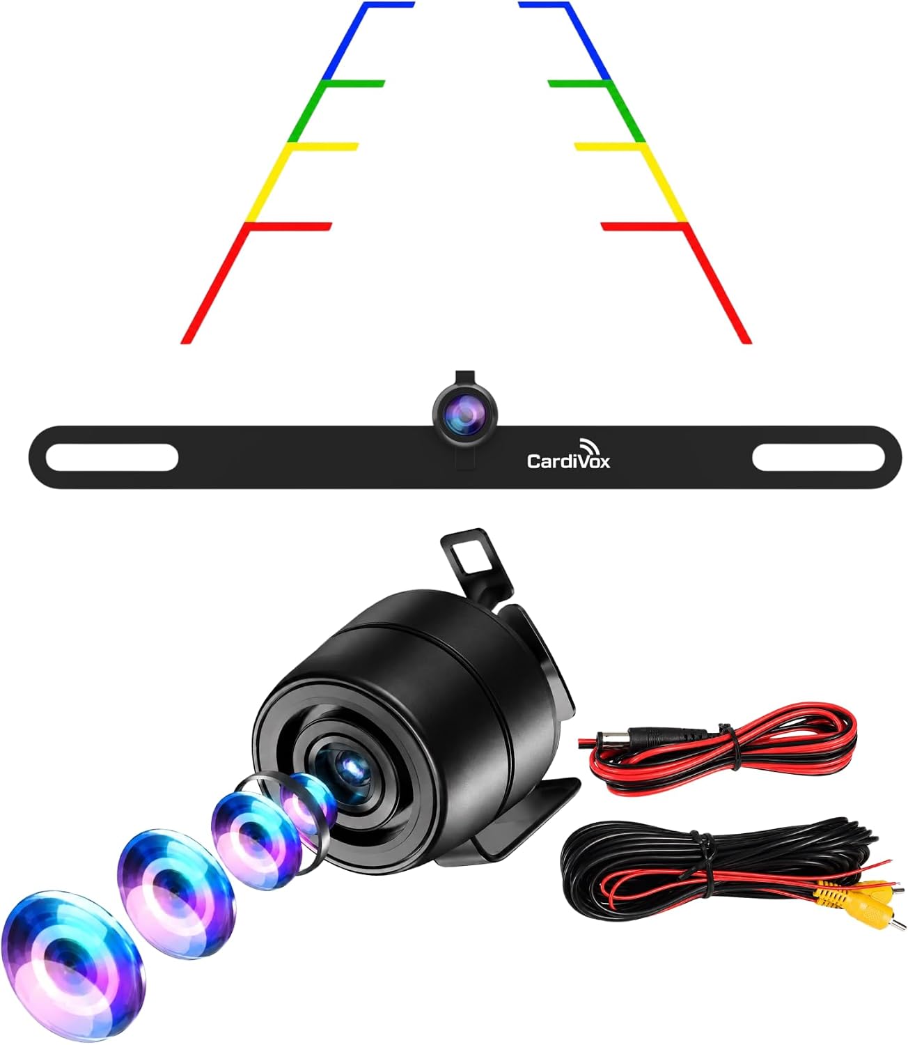 Front. CardiVox - License Plate Backup Camera – HD Rear View Camera with Night Vision, 170° Wide Angle, Waterproof IP68, Universal - Black.