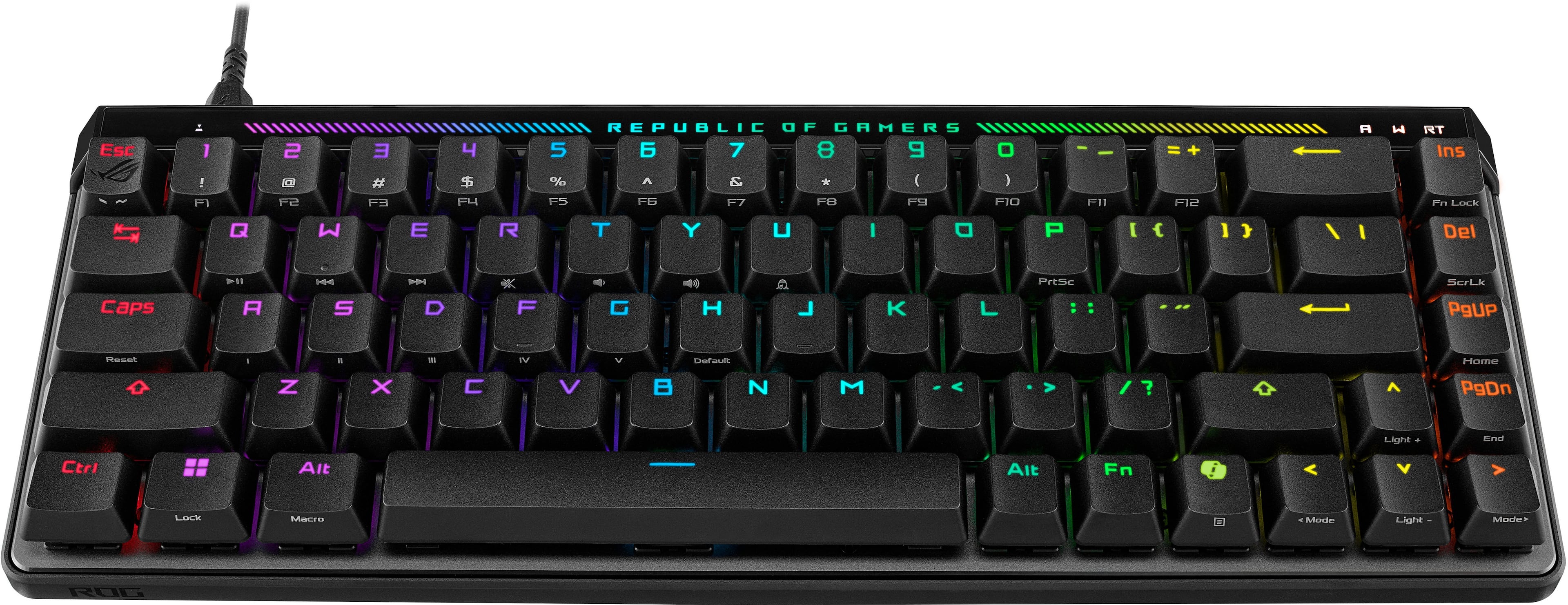 The image shows a close-up of a colorful keyboard, specifically a Republic of Gamers (ROG) keyboard, with a variety of colors and symbols on the keys. The keyboard has a unique design, featuring a combination of black, white, and colorful keys. The keys are arranged in a way that makes them easily accessible and visually appealing. The keyboard is likely used for gaming or other computer-related activities, given its distinctive design and the ROG branding.