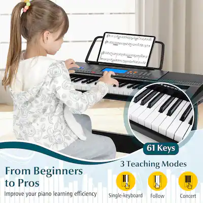 COSTWAY Piano Digital 61 Teclas, Teclado Piano Eléctrico Portátil con Soporte para Música, Micrófono, Pegatinas de Notas y Bolsa de Transporte para Niños y Adultos (Negro COSTWAY Piano Digital 61 Teclas, Teclado Piano Eléctrico Portátil con Soporte para Música, Micrófono, Pegatinas de Notas y Bolsa de Transporte para Niños y Adultos (Negro