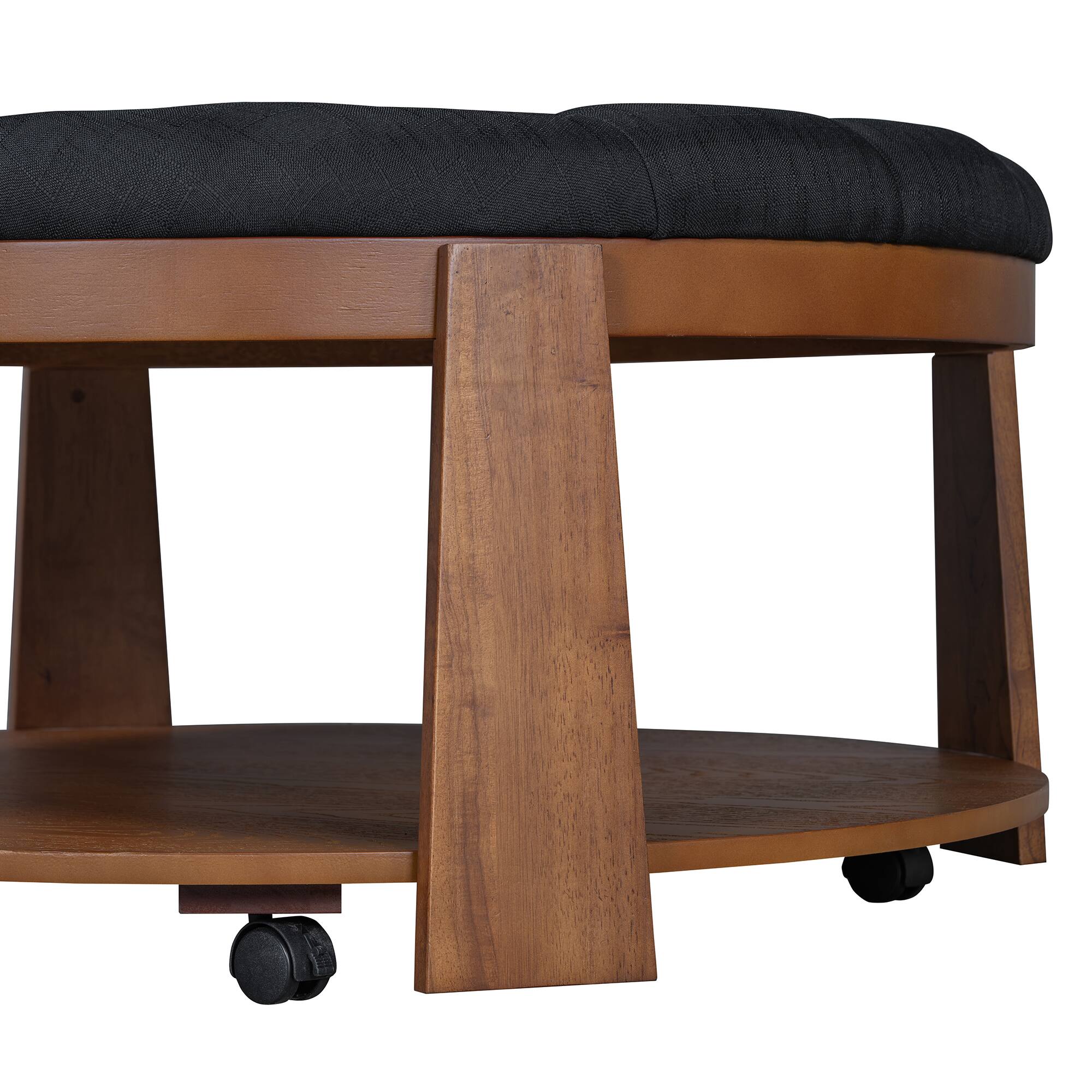 Alt View 10. Tiramisubest - Oversized Round Ottoman Coffee Table,2-Tier Button Tufted Storage Upholstered Coffee Table with Wheels,Wood Shelf,Black - Black+Brown.