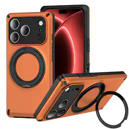 Dteck - Magnetic Phone Case for Apple iPhone 17 Pro, Shockproof Hybrid Protective Cover with 360 Aluminum Ring Kickstand - Orange