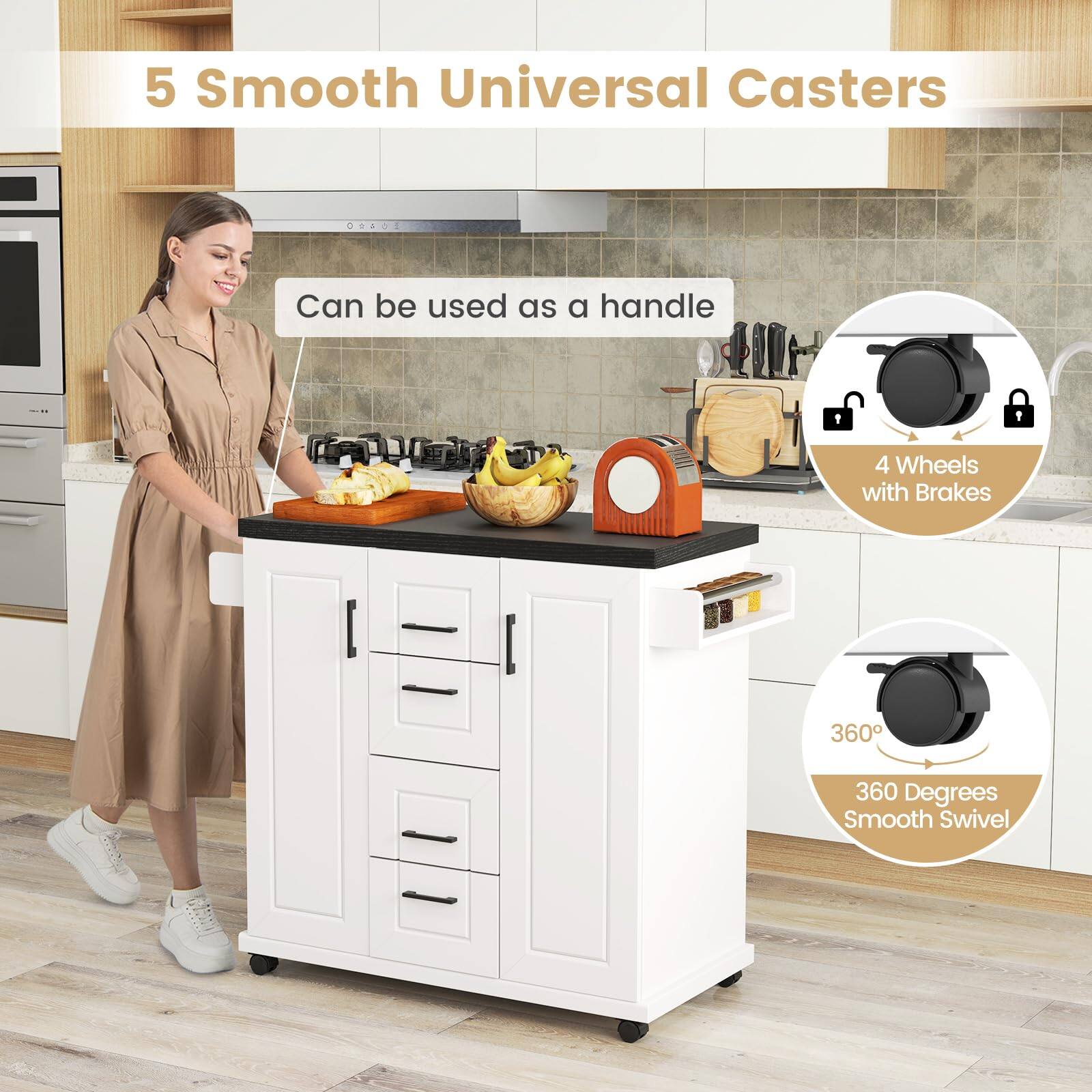 5 Smooth Universal Casters
Can be used as a handle
4 Wheels with Brakes
360 Degrees Smooth Swivel