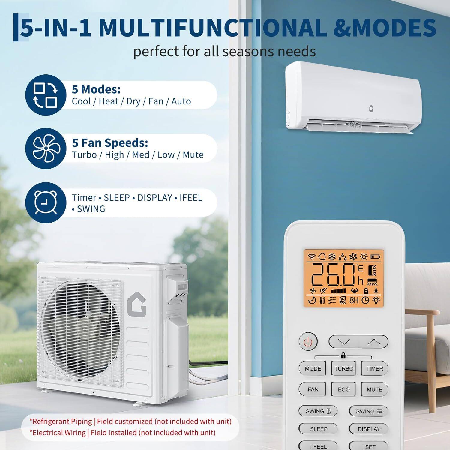5-IN-1 MULTIFUNCTIONAL & MODES  
perfect for all seasons needs  

5 Modes:  
Cool / Heat / Dry / Fan / Auto  

5 Fan Speeds:  
Turbo / High / Med / Low / Mute  

Timer • SLEEP • DISPLAY • IFEEL • SWING  

*Refrigerant Piping | Field customized (not included with unit)  
*Electrical Wiring | Field installed (not included with unit)  

SWING  
SLEEP  
DISPLAY  
IFEEL  
ISET  

MODE  
TURBO  
TIMER  
FAN  
ECO  
MUTE  
SWING  
SWING  
SLEEP  
DISPLAY  
IFEEL  
ISET