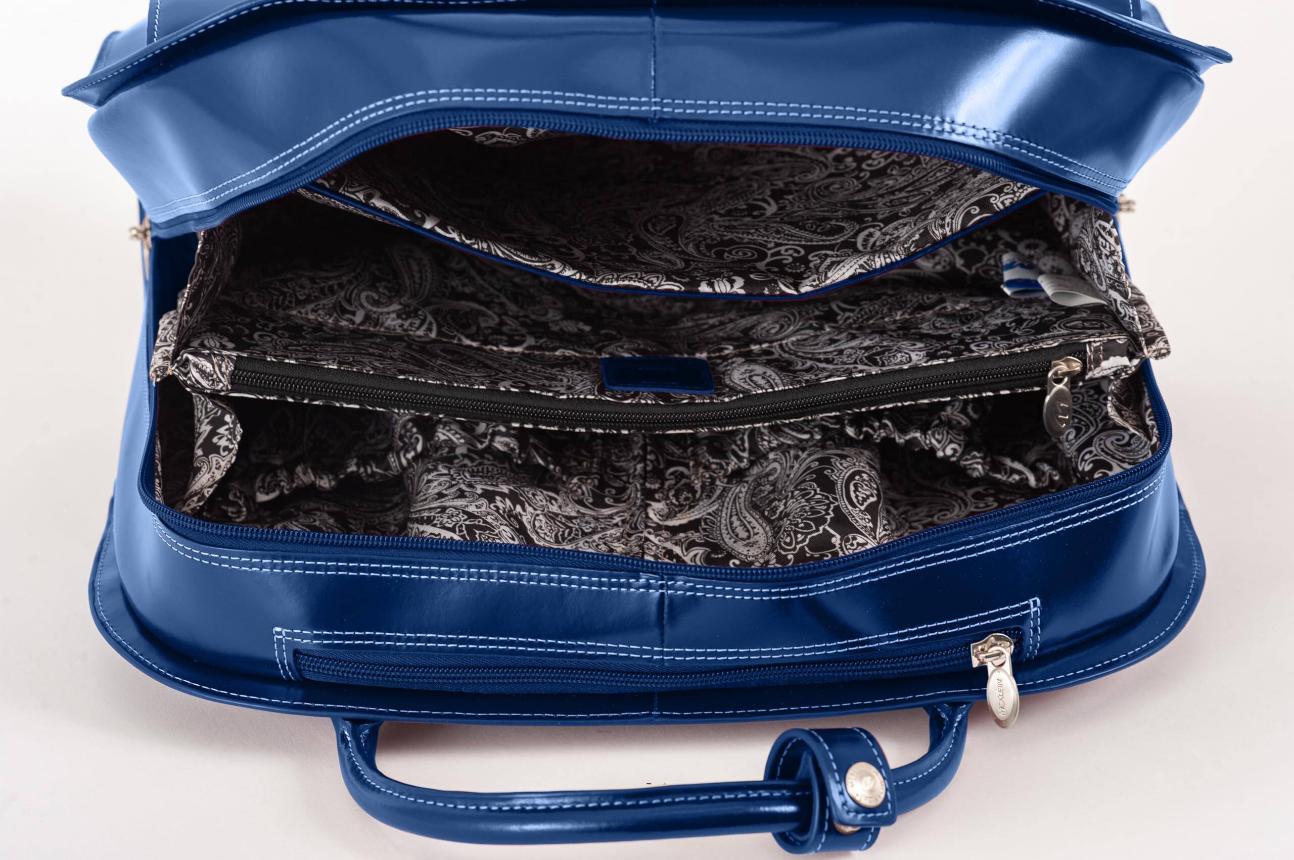 Alt View 4. McKleinUSA - 15in Top-Grain Cowhide Leather Wheeled Laptop Briefcase Vertical Women's Overnight Bag Removable Trolley Case - Navy.