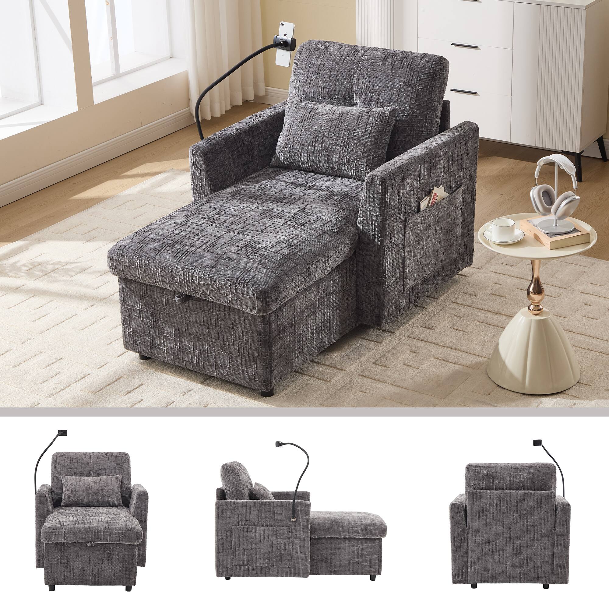 Back. Trinkets Crazed - Lazy Person Sofa Couch, Multifunctional Chenille Single Leisure Chair with Storage Backrest, Cell Phone Bracket - Gray.