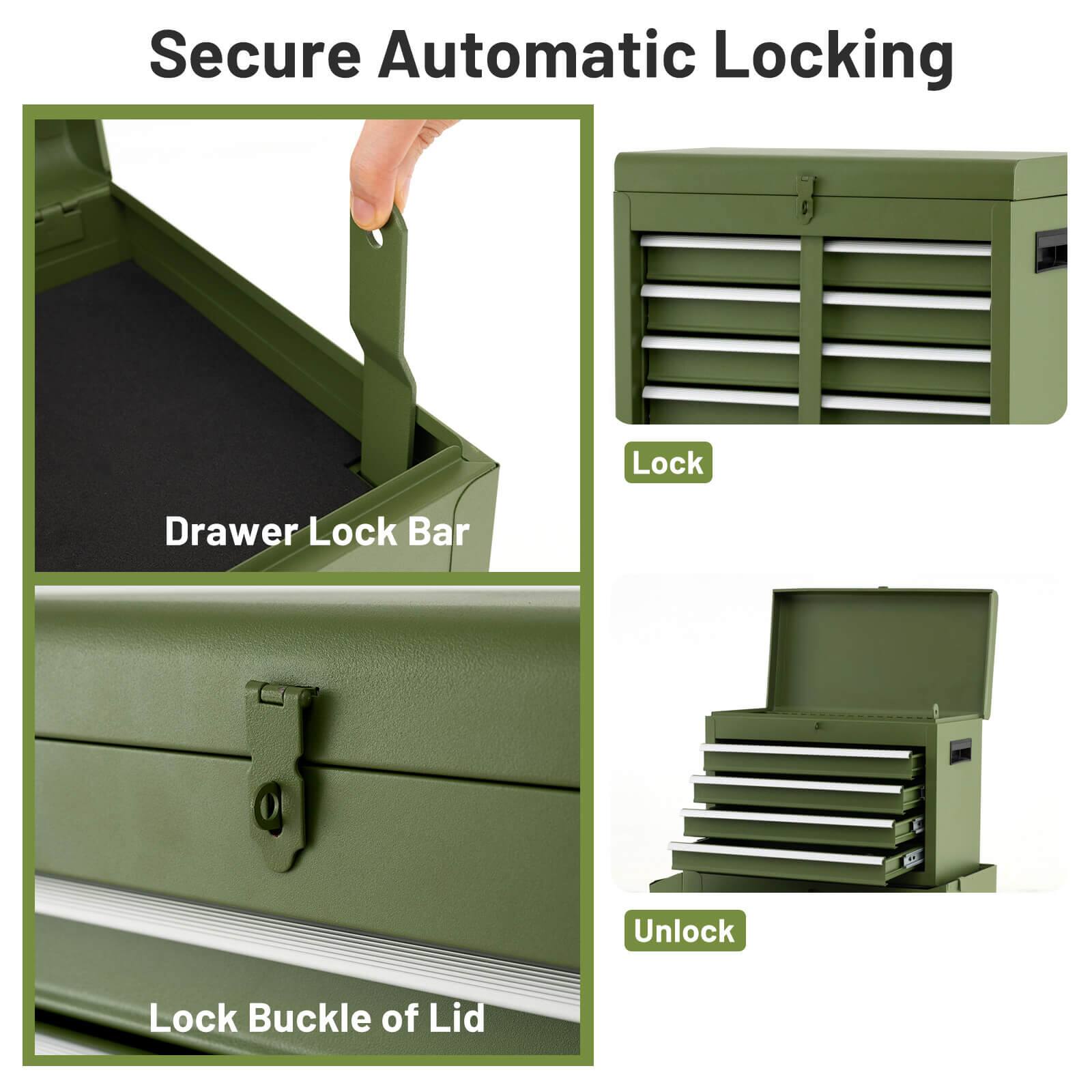 Secure Automatic Locking

- Lock
- Unlock

Drawer Lock Bar

Lock Buckle of Lid