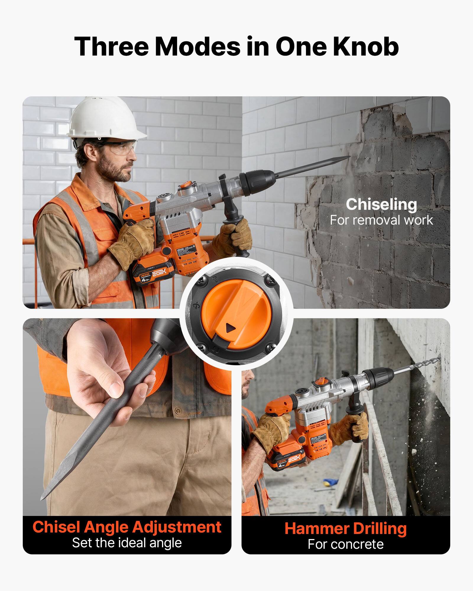 Three Modes in One Knob

Chiseling  
For removal work

Chisel Angle Adjustment  
Set the ideal angle

Hammer Drilling  
For concrete