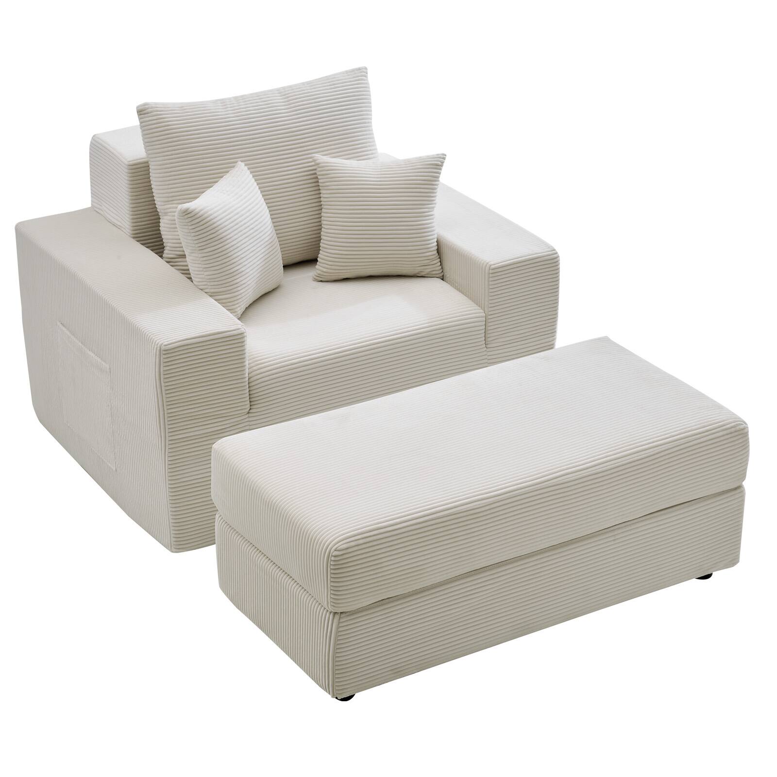 Alt View 5. VEVOR - Chaise Lounge Chair, 44 in Boneless Modular Chaise Lounge Indoor, Oversized Corduroy Reading Chair with Throw Pillows - Off-white.