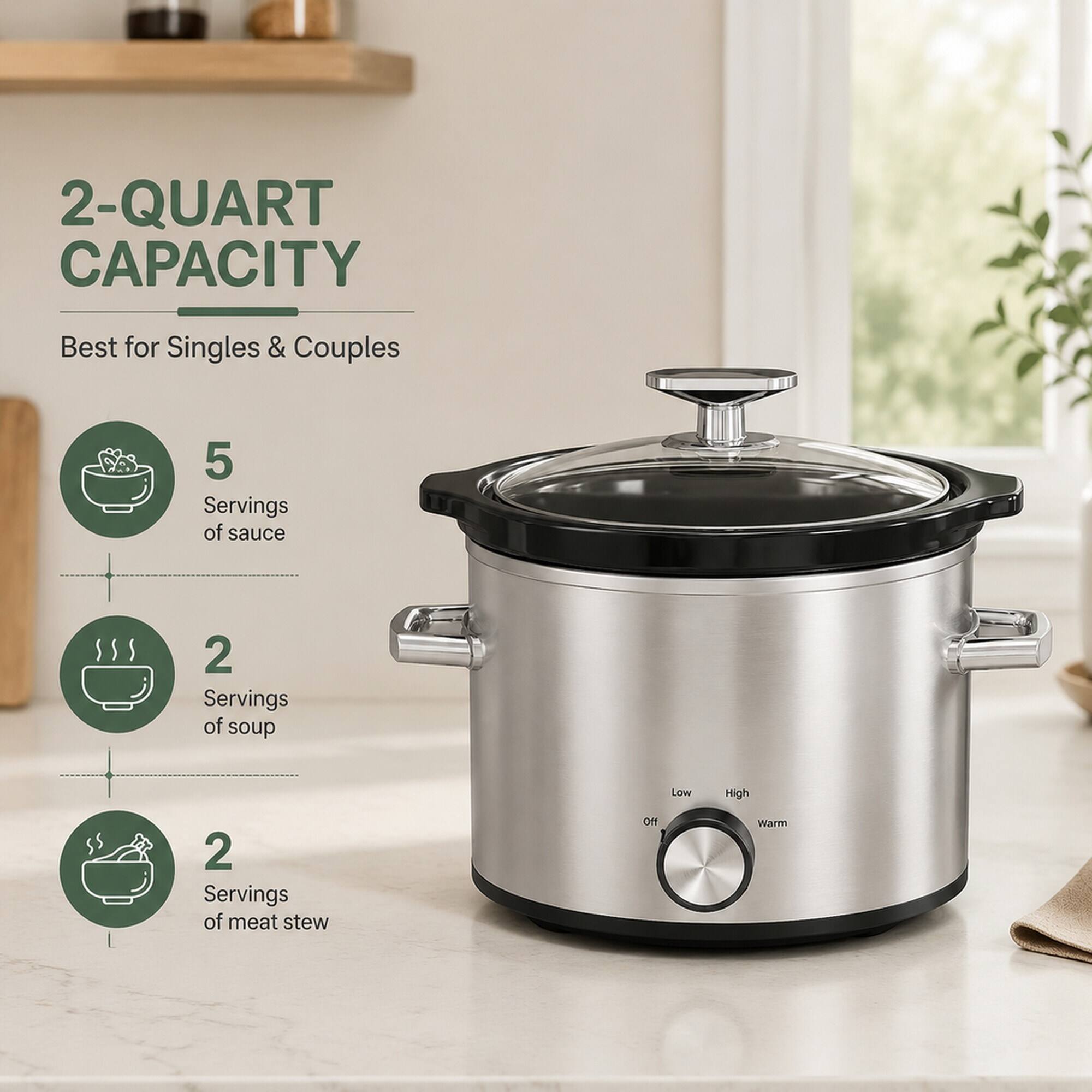 2-QUART CAPACITY  
Best for Singles & Couples  
5 Servings of sauce  
2 Servings of soup  
2 Servings of meat stew  
Low  
High  
Off  
Warm