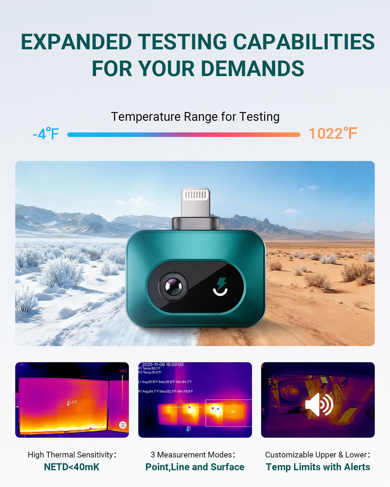 EXPANDED TESTING CAPABILITIES FOR YOUR DEMANDS

Temperature Range for Testing
-4°F to 1022°F

High Thermal Sensitivity: NETD<40mK

3 Measurement Modes: Point, Line and Surface

Customizable Upper & Lower Temp Limits with Alerts