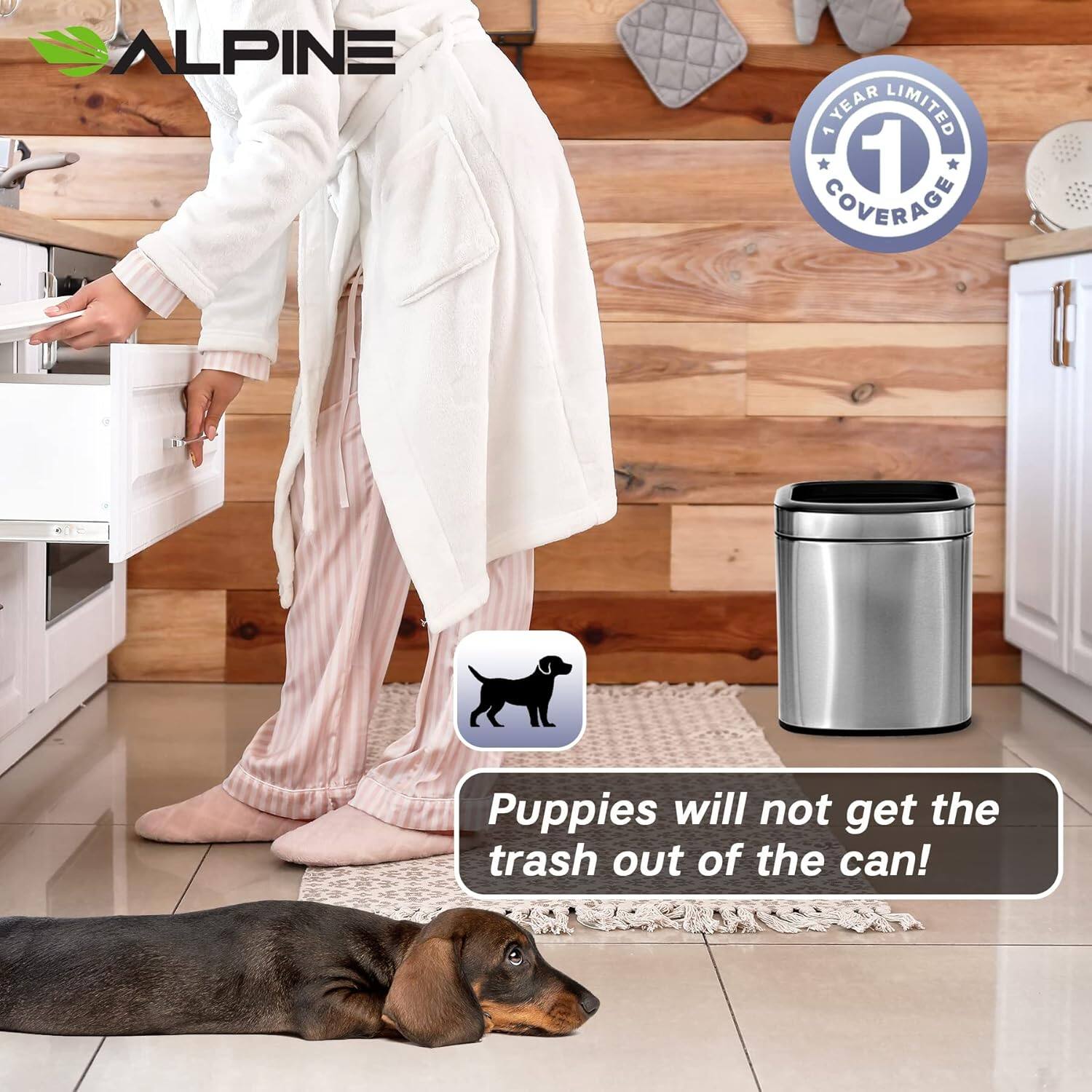 ALPINE 1 YEAR LIMITED COVERAGE Puppies will not get the trash out of the can!