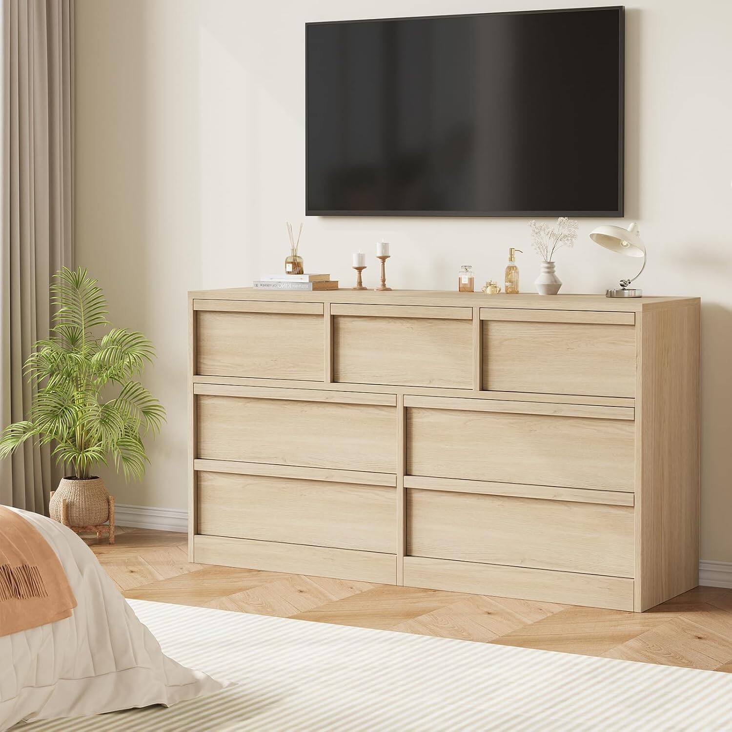 Back. GARVEE - 7 Drawer Dresser, Modern Wooden Double Dresser Organizer with Large Storage for Bedroom, Living Room, Natural - Natural.