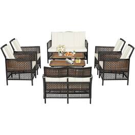 Costway - 8PCS Patio Rattan Furniture Set Cushioned Chairs Wood Table Top W/Shelf - Mix Reddish Brown,Off White