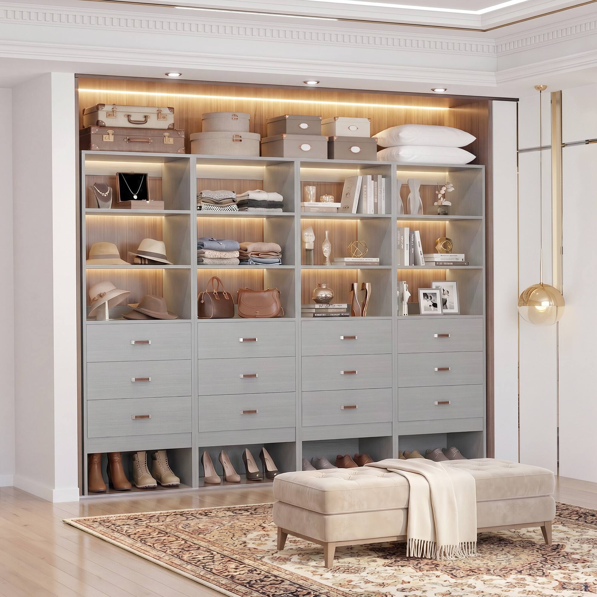Alt View 3. Aheaplus - 2FT Freestanding Closet System with 3 Leather-Handled Drawers and Shelves - Gray.