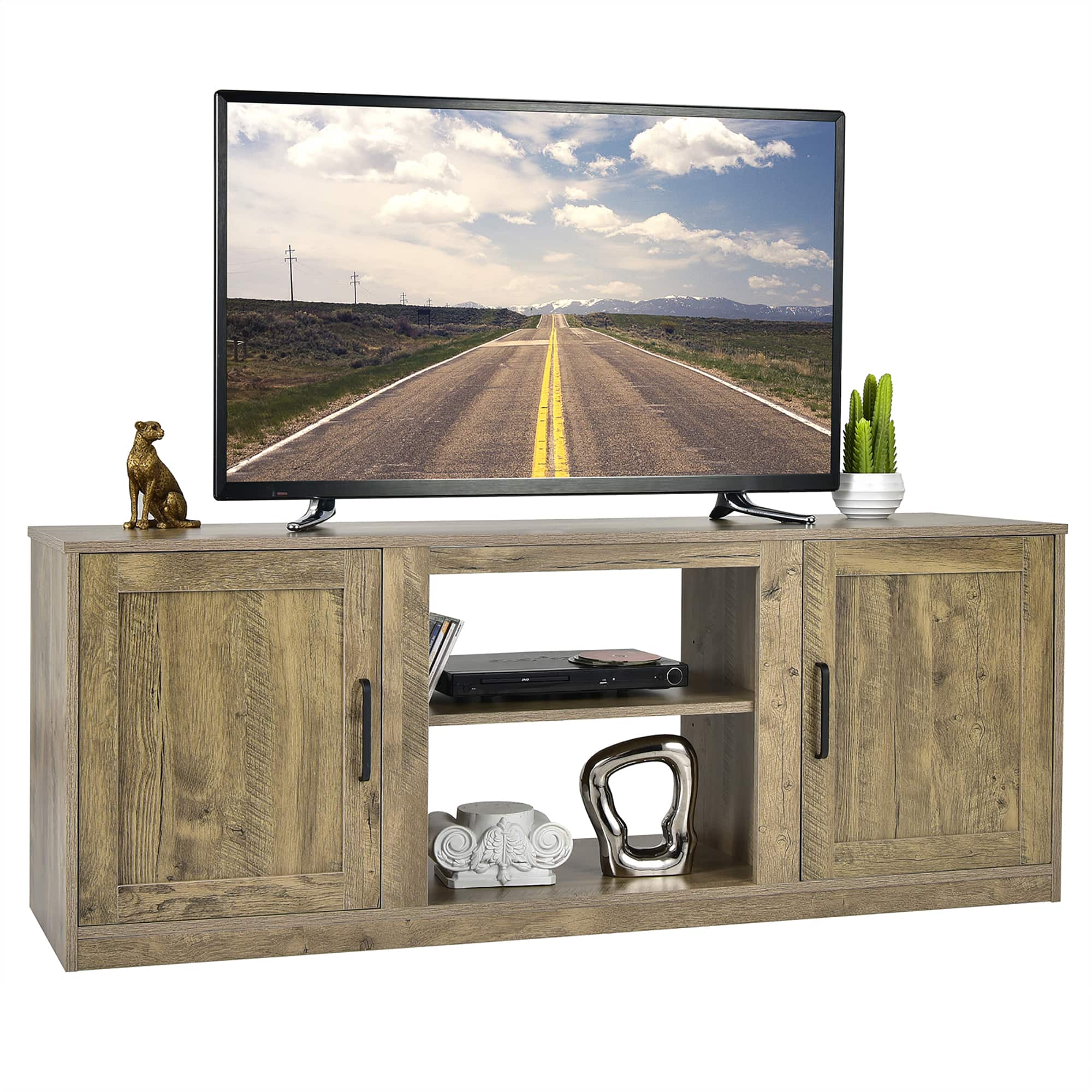 Costway - 58" TV Stand Entertainment Console Center W/ 2 Cabinets for 65" TV - Natural