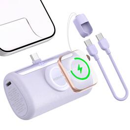 RORRY - PalmGo 10000mAh Portable Charger 22.5W 3-in-1 Power Bank with USB-C, for iPhone 17/16/15, Apple Watch, iPad - Purple