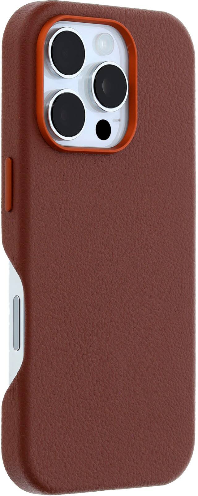 Angle. OtterBox - Symmetry Cactus Leather Series Hard Shell for MagSafe for Apple iPhone 16 Pro - Rich Adobe.