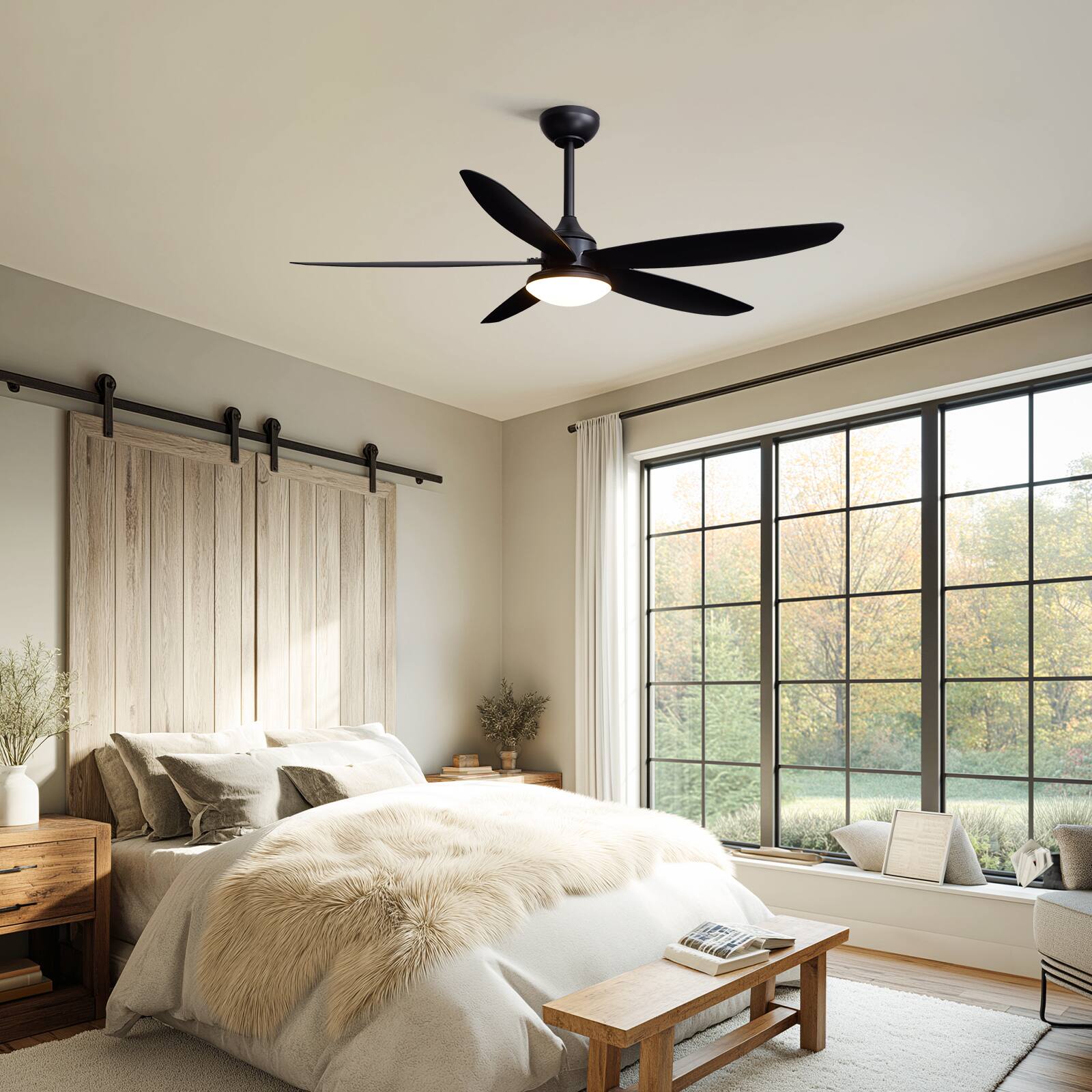 Back. Siljoy - 52 Inch Modern Black 5 Blade LED Ceiling Fan with Light Quiet Operation Remote Control Included  for Living Room Bedroom - Black.