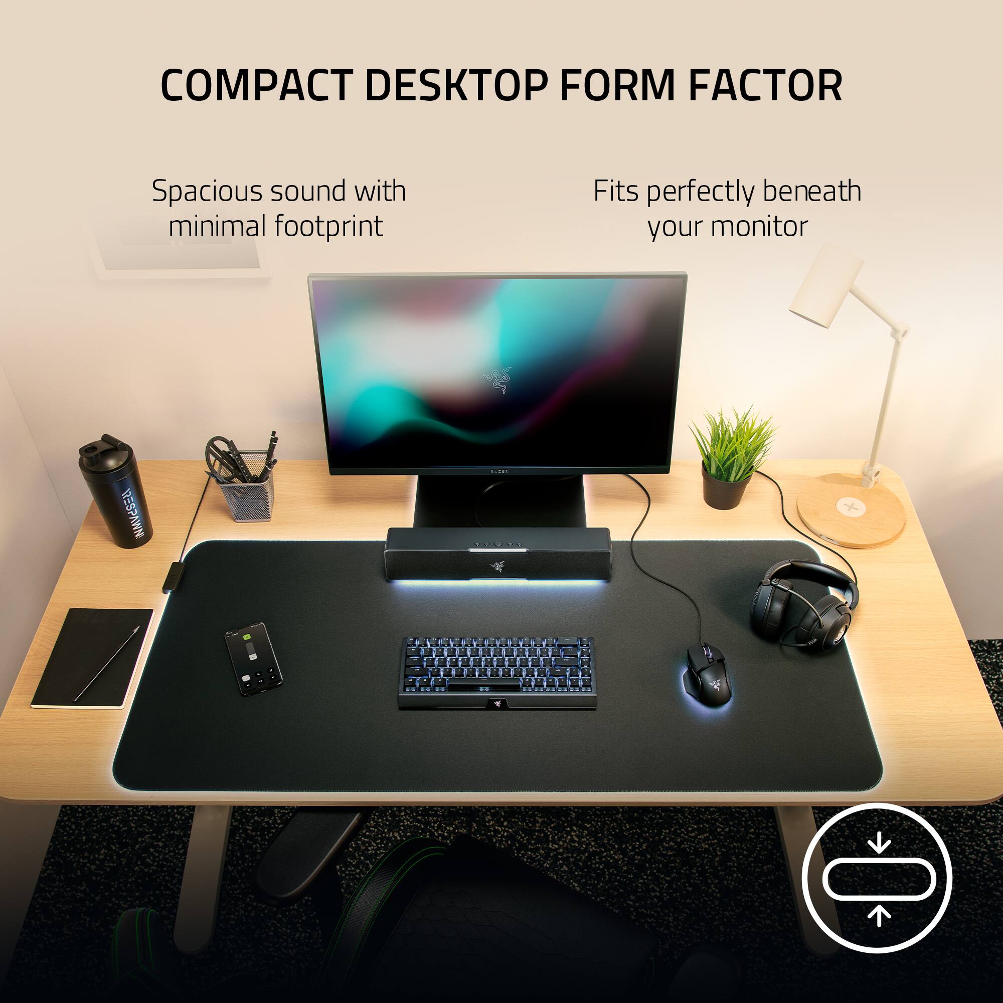 COMPACT DESKTOP FORM FACTOR: Spacious sound with minimal footprint. Fits perfectly beneath your monitor.