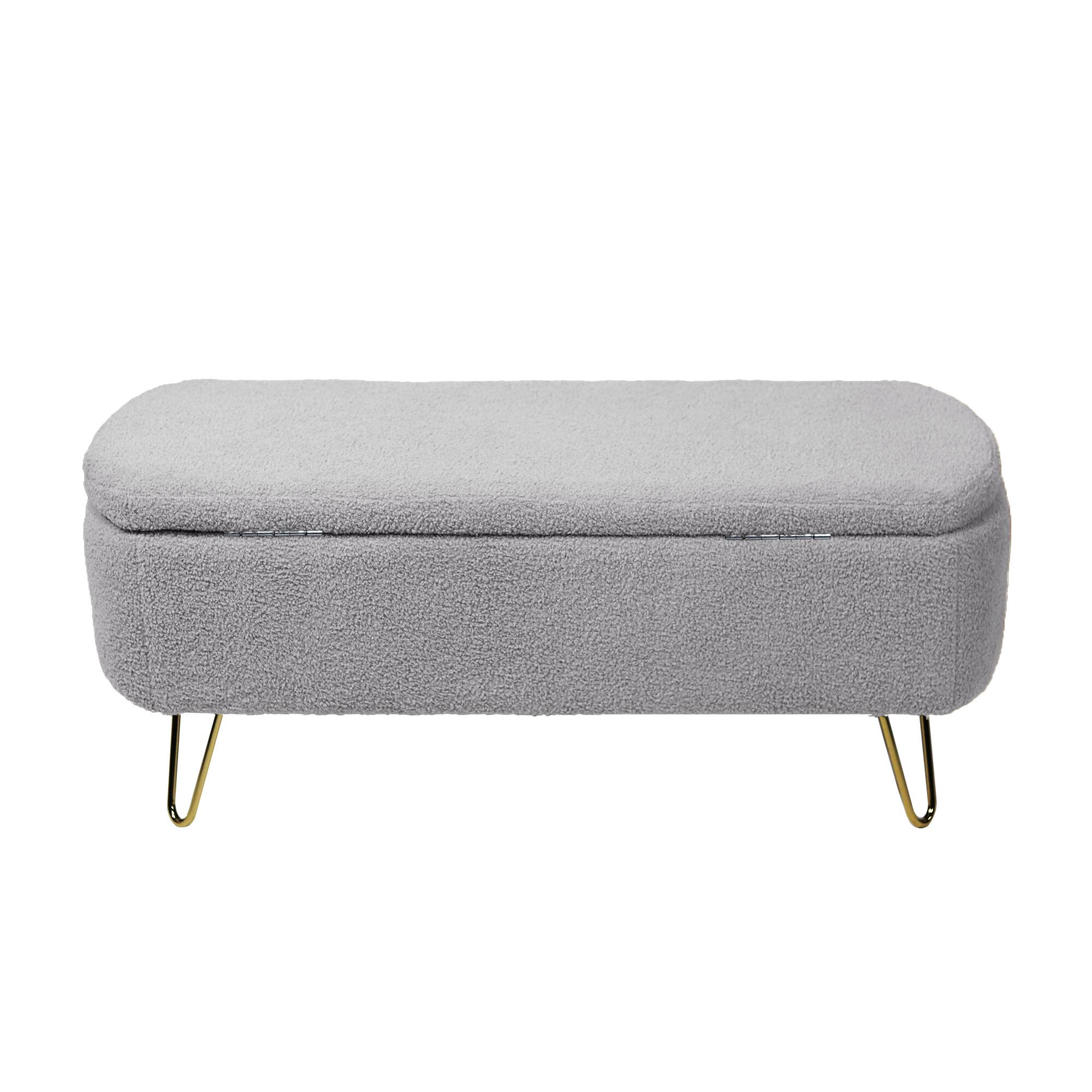 Back. Lirago - 39" W Dressing Chair Storage Bench - Faux Fur Padded Upholstered with Gold Legs - Grey.