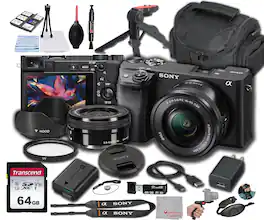 Bundle - Sony - A6400 Mirrorless Camera with 16-50mm Lens 64GB Memory, Case. Filter, Hood, Grip, & More-Pro - Black