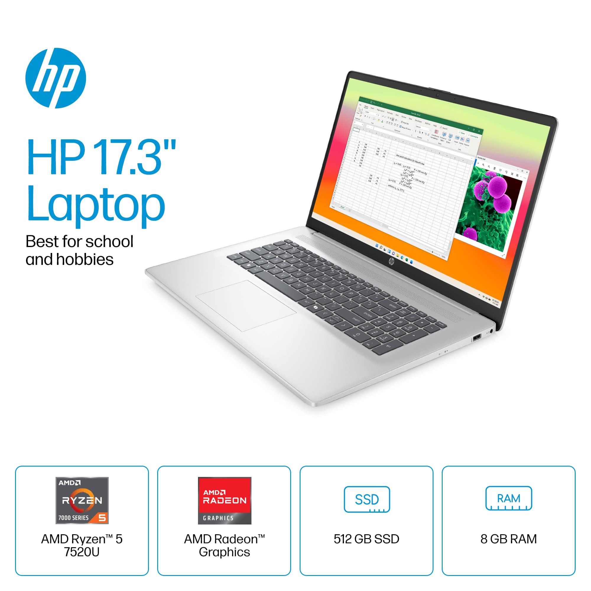 The text on the image is grouped and corrected as follows:
"HP 17.3" Laptop: Best for school and hobbies - I ... .. . - - - .... - + - - - - - . 1 - as S 1 - . - - - - : - I - 1 - -- i 2 . - - OM RYZEN AMDL RADEON SSD RAM 7000 SERIES 5 CRAPHICS AMD Ryzen 5 7520U AMD Radeon Graphics 512 GB SSD 8 GB RAM"