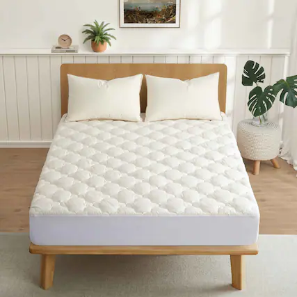 Front. Peace Nest - Peace Nest Organic Cotton Quilted Waterproof Mattress Pad, Fitted Stretchy Side Skirt Fits up to 18" - Off-white.