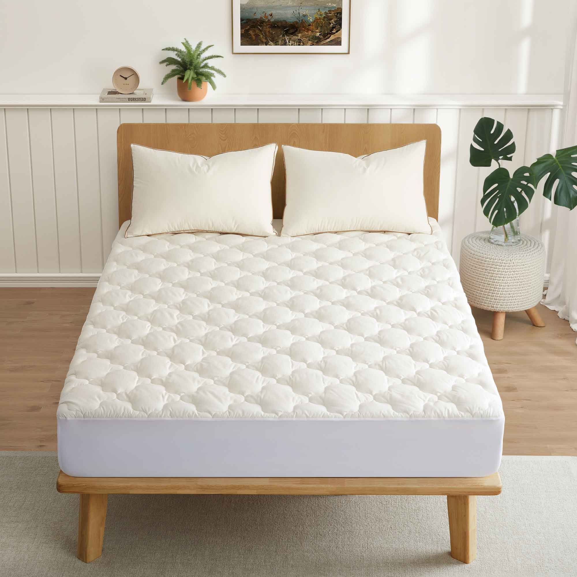 Peace Nest - Organic Cotton Quilted Waterproof Mattress Pad, Fitted Stretchy Side Skirt Fits up to 18" - Off-white
