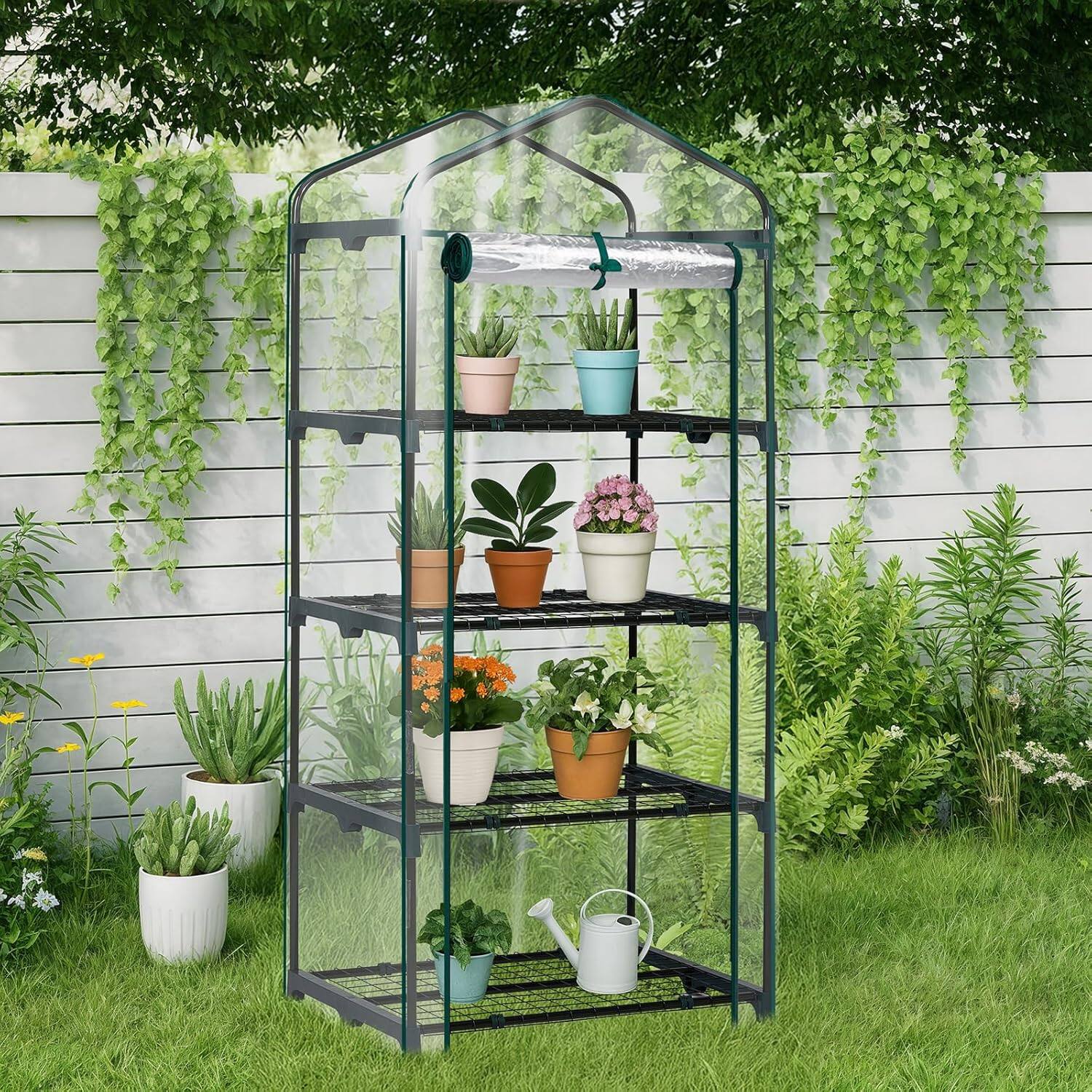 Alt View 4. Winado - 27"x19.6"x63" Mini Greenhouse, Small PVC Plant Green House with 4 Tiers Rack, Shelf Clips, Roll-up Zipper Door - White.