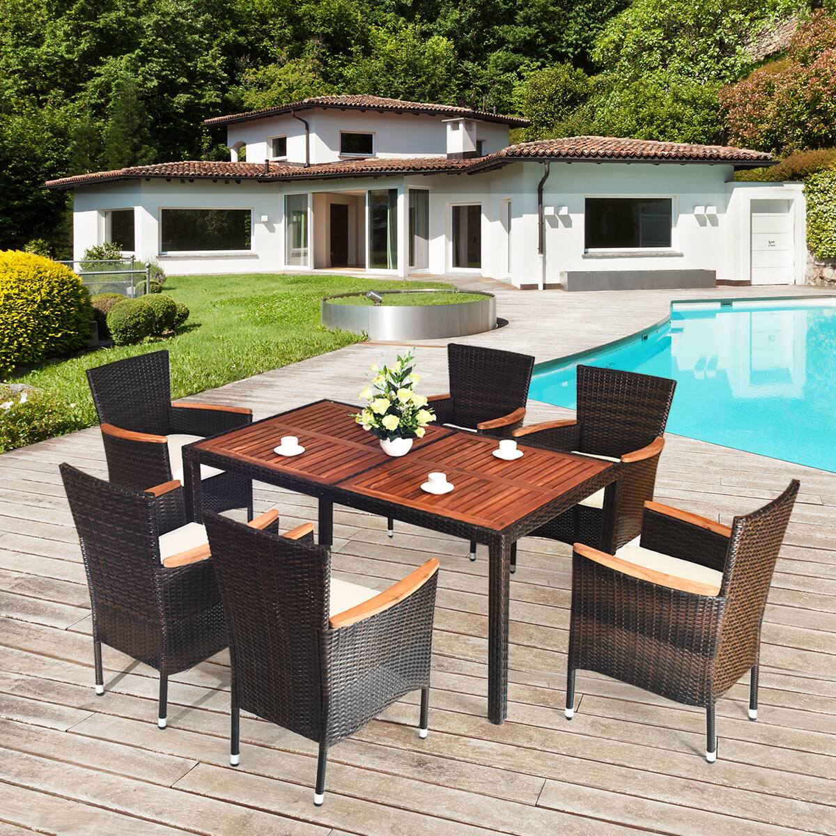 Alt View 8. Gymax - Gymax 7pcs Patio Rattan Dining Set 6 Stackable Cushioned Chairs Patio - as pic.