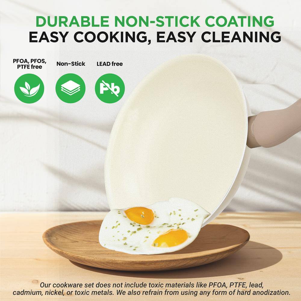 DURABLE NON-STICK COATING  
EASY COOKING, EASY CLEANING  

PFOA, PFOS, PTFE free  
Non-Stick  
LEAD free  

Our cookware set does not include toxic materials like PFOA, PTFE, lead, cadmium, nickel, or toxic metals. We also refrain from using any form of hard anodization.