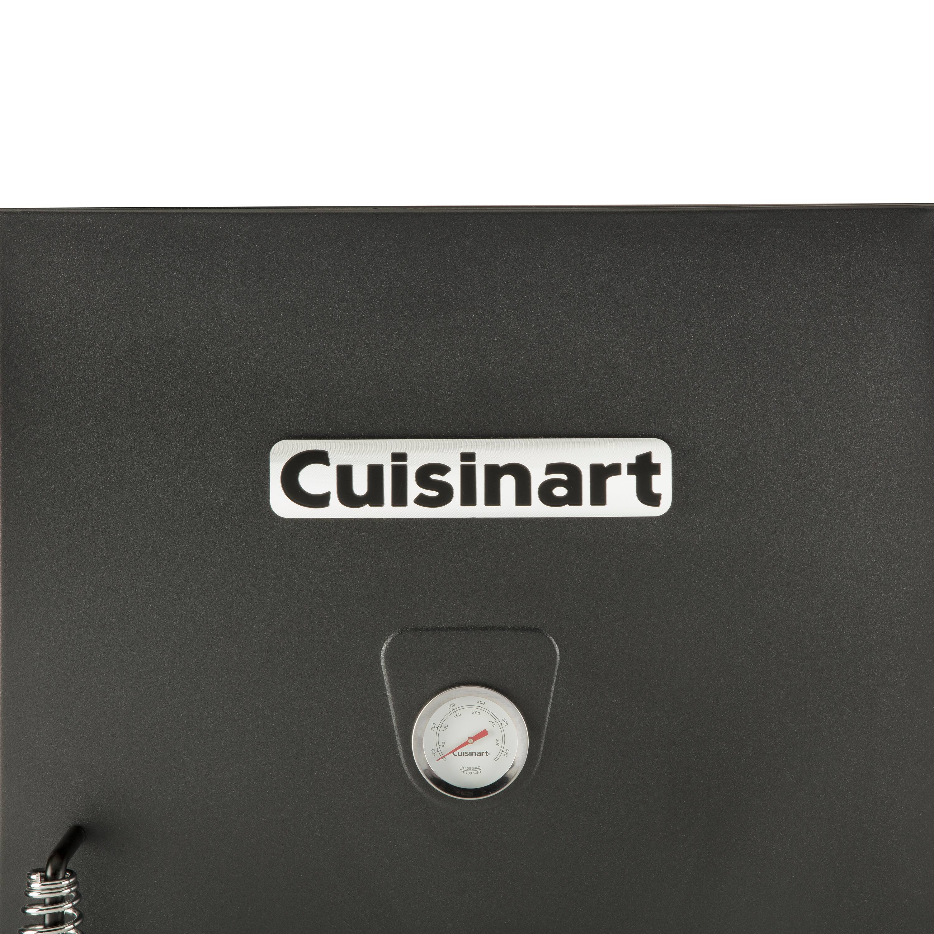 Cuisinart is a brand of kitchen appliances, such as food processors and toasters. The image shows a black Cuisinart toaster with a digital display and a temperature gauge. The toaster is designed to provide precise temperature control for optimal cooking results.