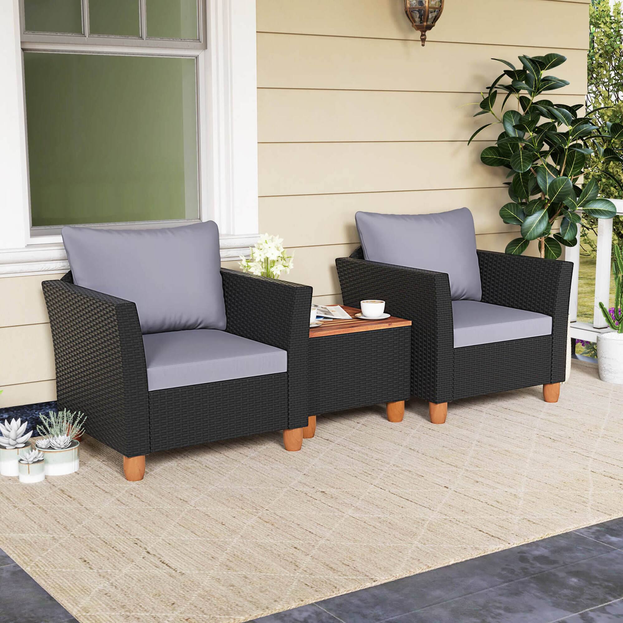 Alt View 2. Costway - 3 PCS Patio Rattan Furniture Set Cushioned Sofa Storage Table with Wood Top - Gray.