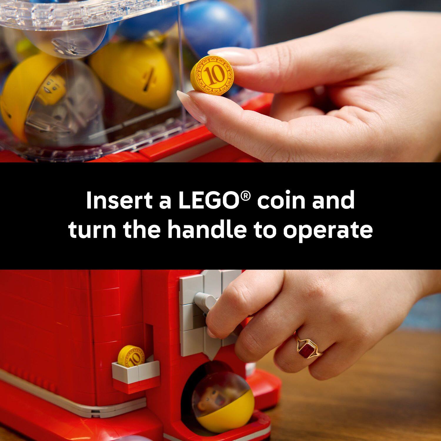 Insert a LEGO® coin and turn the handle to operate