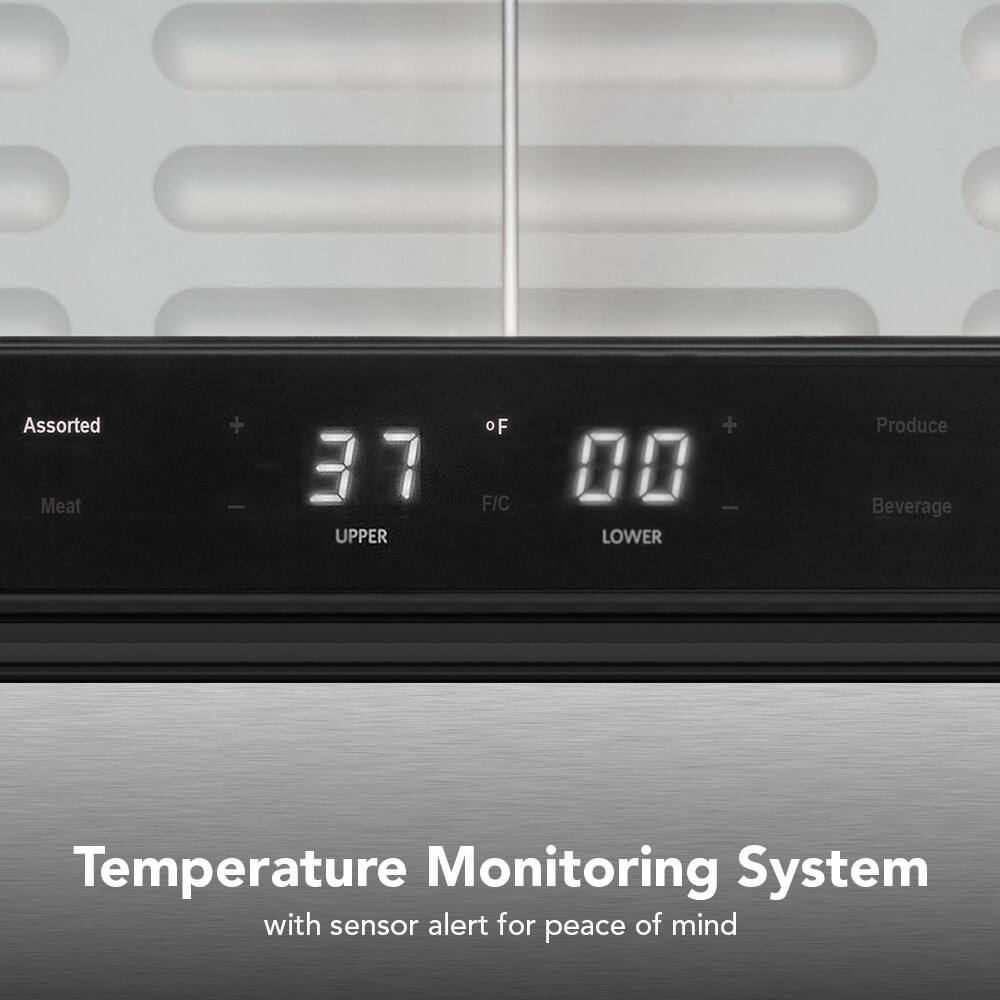 Assorted Meat  
37°F / 00°C  
UPPER  
Produce Beverage  
LOWER  

Temperature Monitoring System with sensor alert for peace of mind