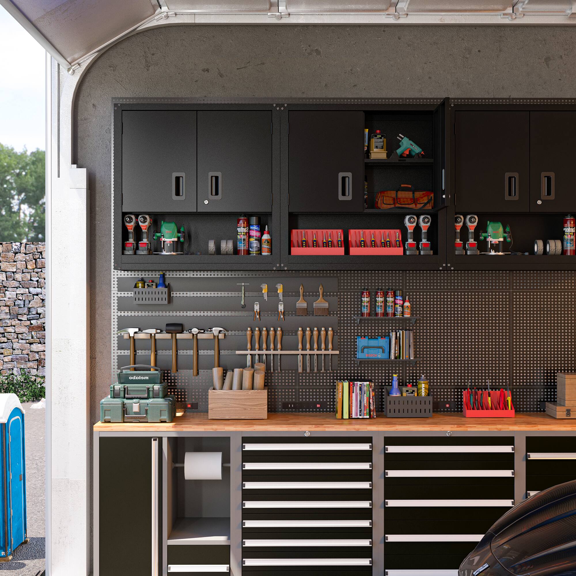 Back. TinyHomie - Set of 2 Garage Wall Metal Cabinet with Locking 3/4 Doors and Adjustable Shelf, Floating Upper Storage Cabinet in Black - Black.