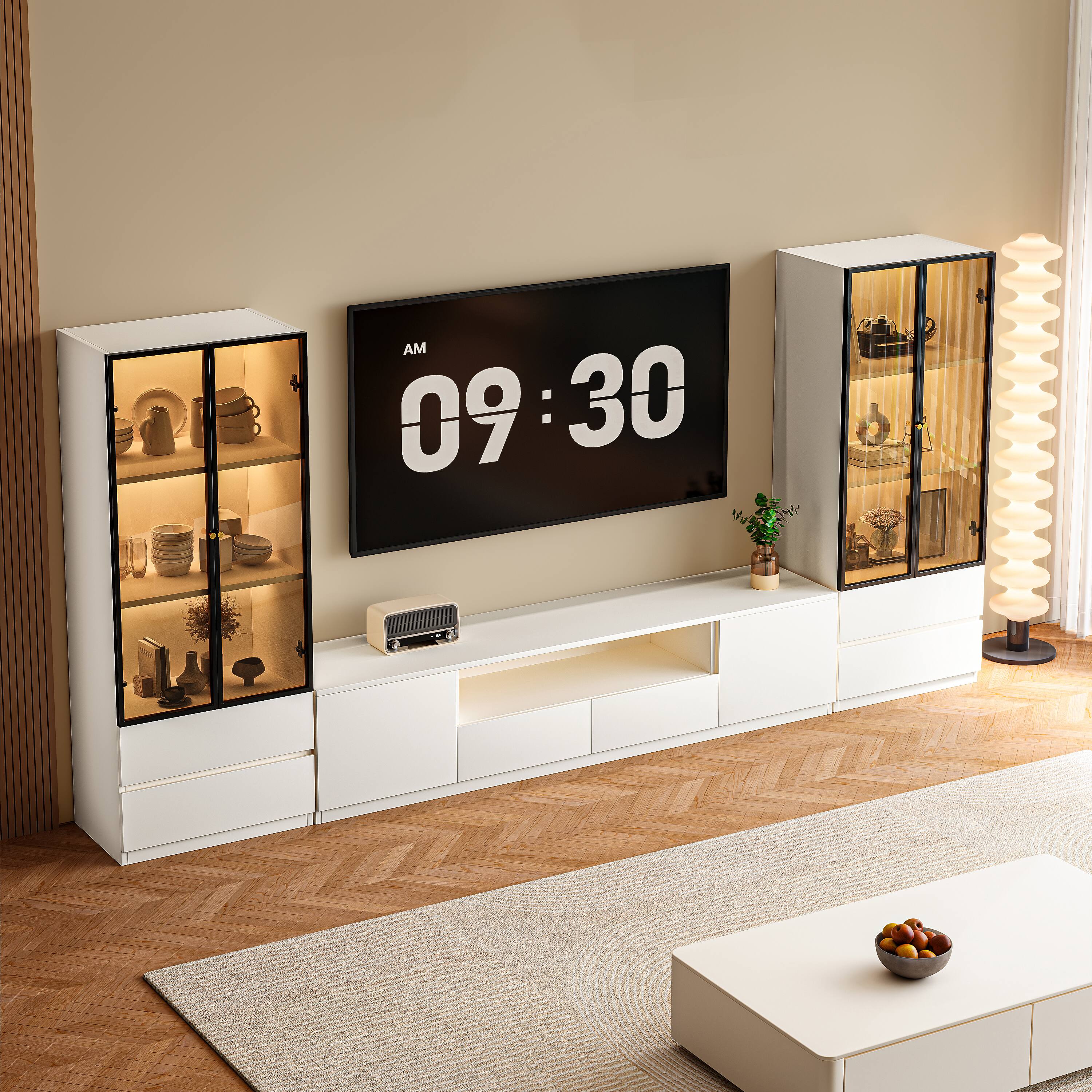 Alt View 8. MSOOB - 126 Inch White Modern Media Console Includes TV Stands And 2 Lighted Glass Display Cabinet - White.