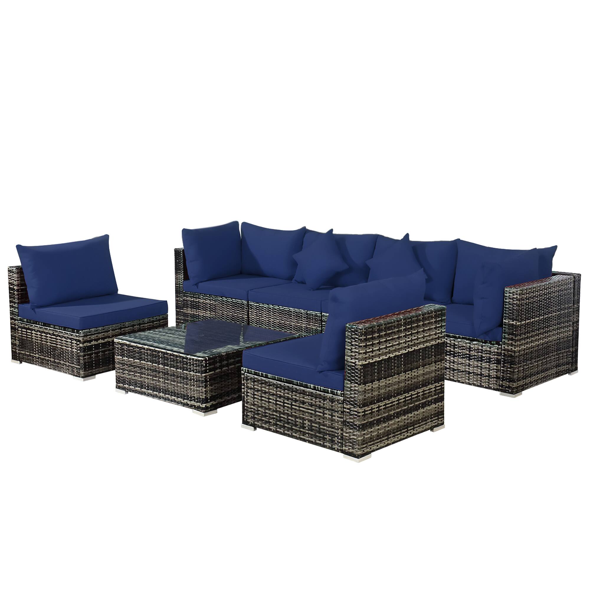 Angle. Costway - 7PCS Patio Rattan Furniture Set Sectional Sofa Garden Cushion - Navy.