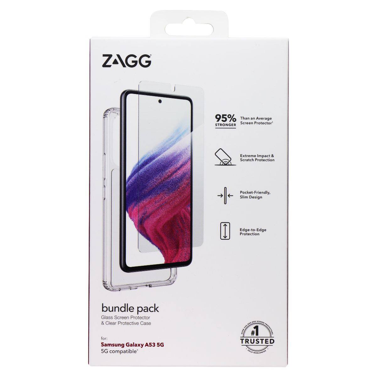ZAGG 95% Stronger Than an Average Screen Protector Extreme Impact & Scratch Protection Pocket-Friendly. Slim Design Edge-to-Edge Protection bundle pack Glass Screen Protector & Clear Protective Case for: Samsung Galaxy A53 5G 5G compatible #1 TRUSTED