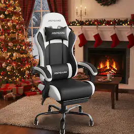 RSPGAME - Basic Gaming Chairs Faux Leather Ergonomic Spring Cushion Computer Desk Chair w/ Lumbar Support and Retractable Footrest - Black & White