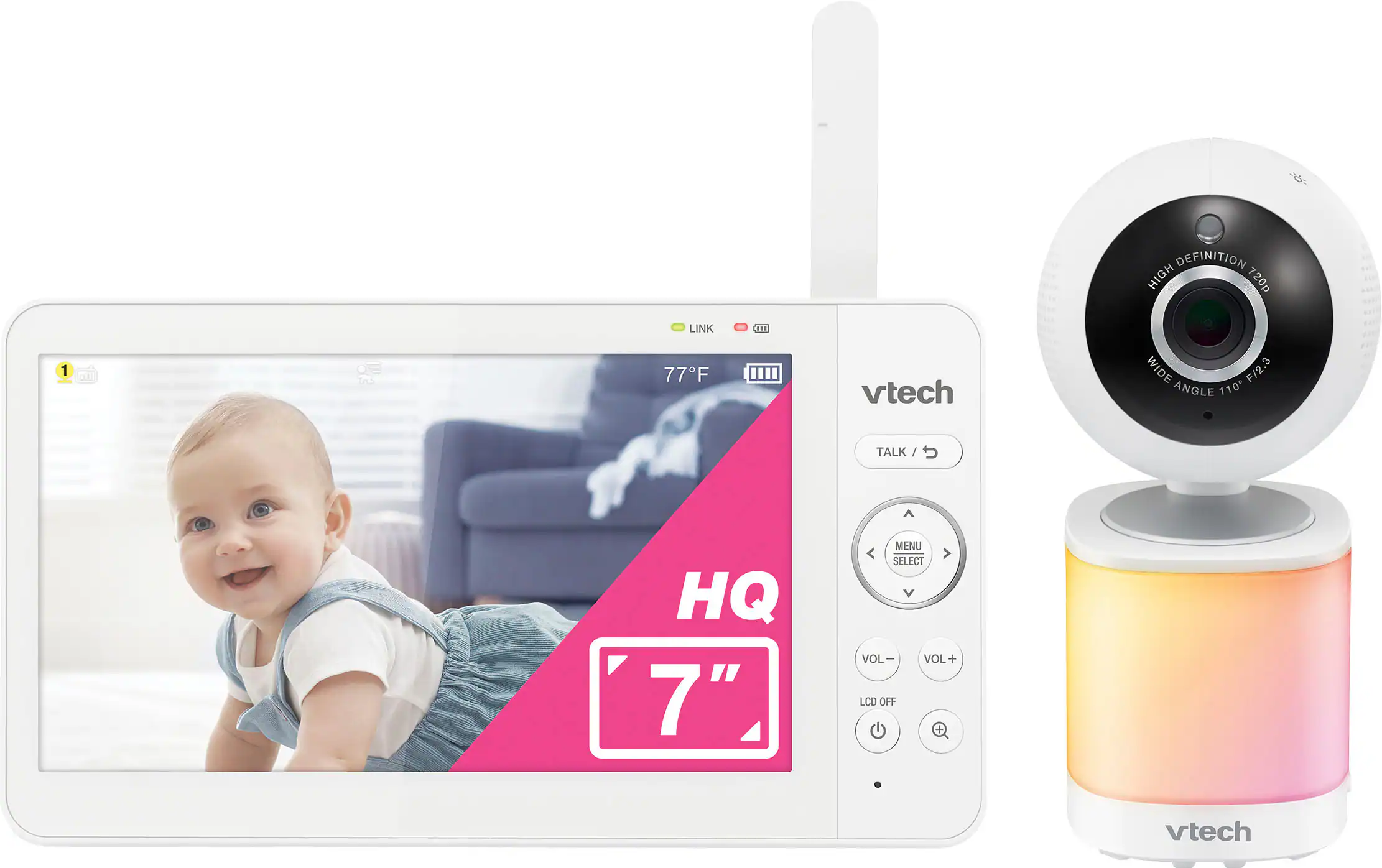 VTech - 7” Digital Video Baby Monitor with Pan-Tilt-Zoom, 600p High-Quality Display, and No WiFi - White