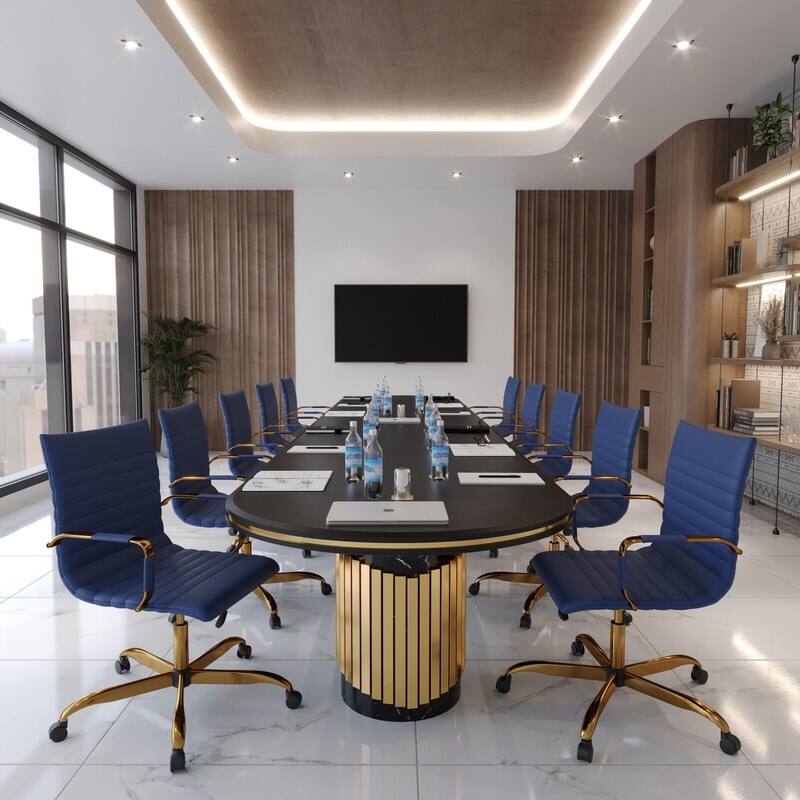 Left. LeisureMod - Harris Mid-Back Office Chair, Leather Upholstery with Gold Metal Frame Modern Armless Desk Chair for Conference Seating - Navy Blue.
