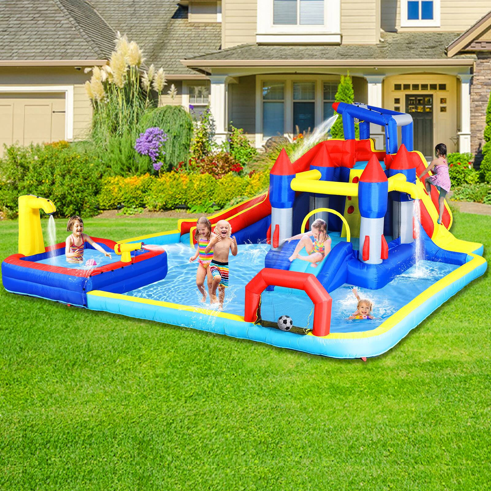 Alt View 4. Loheer - Loheer 10 in 1 Inflatable Water Park Bouncing House with Dual Splash Pools Climbing Wall and Water Gun for Kids Backyard.